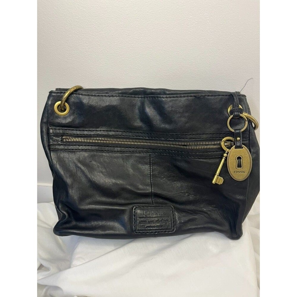 Fossil Genuine Leather Handbag Black Brass Key Charm Vintage Crossbody Tote
